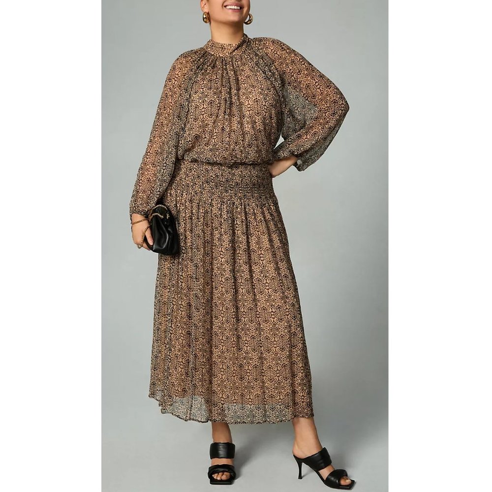 Anthropologie Let Me Be Smocked Mock-Neck Maxi Dress Brown Black Floral Small